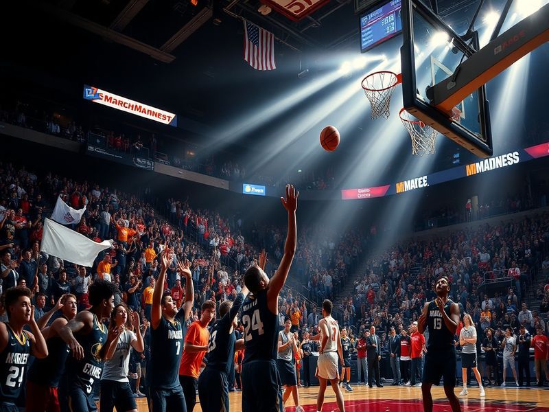 A vibrant scene of a packed sports bar filled with fans watching March Madness games, showcasing excitement and camaraderie.