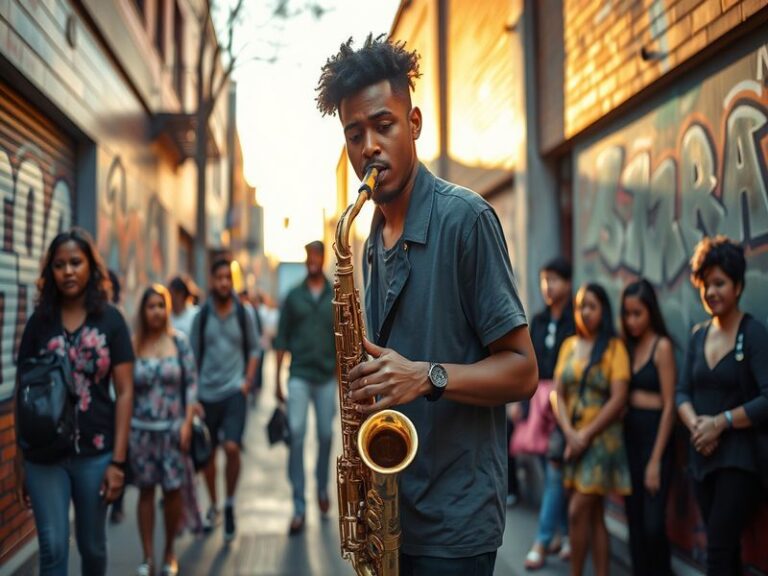 An engaging portrait of Meleek Thomas performing on stage, with vibrant lights and an enthusiastic crowd in the background, c