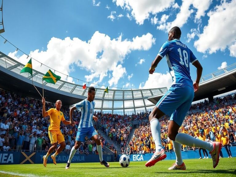 A vibrant collage showcasing the landscapes of New Caledonia and Jamaica, featuring coral reefs and reggae music scenes, symb