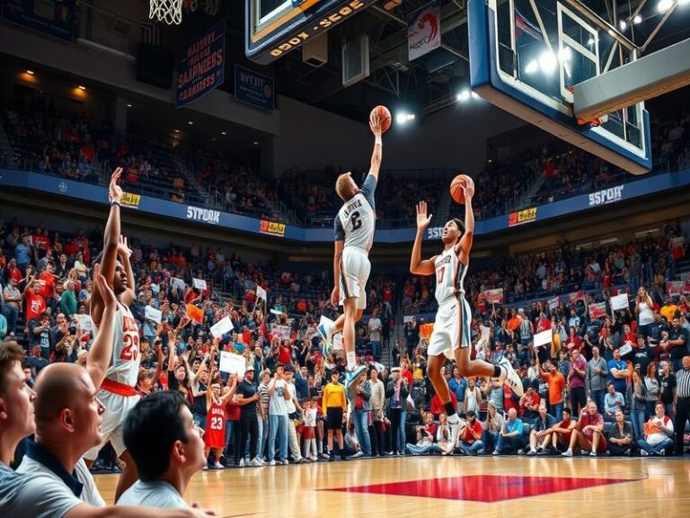 A vibrant scene capturing the intensity of a college basketball game during March Madness, with fans cheering in a packed are