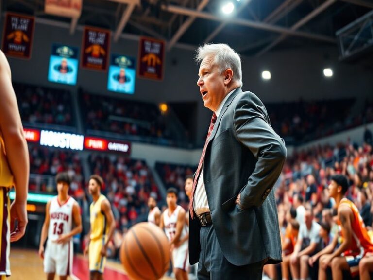 A vibrant basketball court in Houston, showcasing coaches and players engaged in a training session, capturing the spirit of