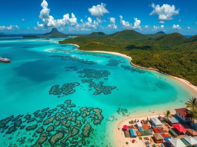 A scenic view of Nueva Caledonia's turquoise lagoons surrounded by lush greenery and mountainous landscapes.