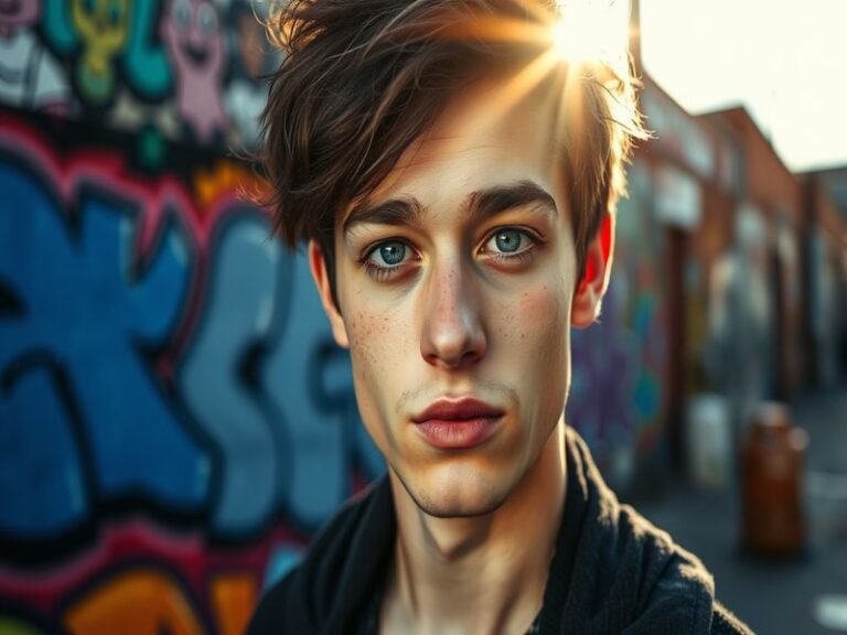 A vibrant portrait of Jak Crawford, showcasing his charismatic personality and creative energy, set against a backdrop of a f