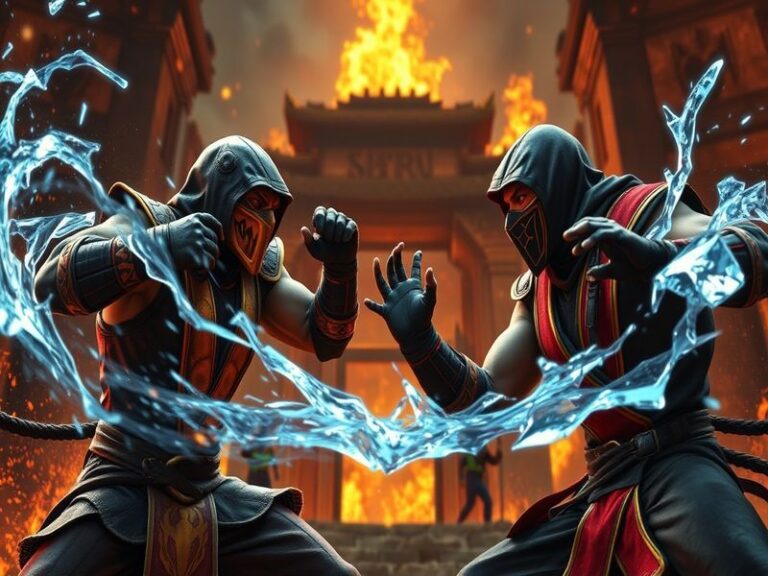 A dynamic scene from Mortal Kombat showcasing iconic characters like Scorpion and Sub-Zero in an intense battle, set against