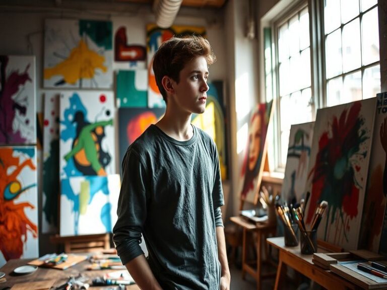 A dynamic shot of Jak Crawford in his racing suit, focused and ready to race, in a karting environment with bright colors and