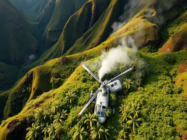 An aerial view of Kauai's lush landscape, showcasing the scenic beauty of the island, with a subtle overlay of a helicopter s