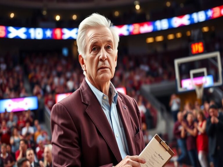 A portrait of Lute Olson on the basketball court, surrounded by his players, showcasing a moment of celebration and camarader