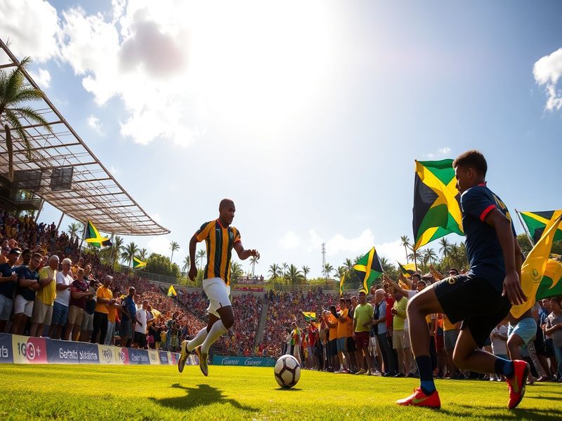 A split-image visual showing a Jamaican sprinter mid-race on one side and a New Caledonian rugby league player making a tackl