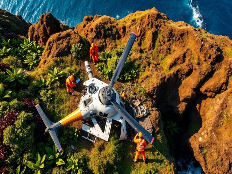 A somber view of Kauai's rugged terrain, with emergency responders at the crash site, highlighting the natural beauty juxtapo