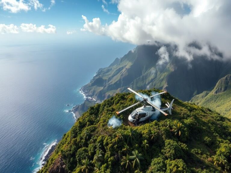 A somber image of a helicopter in a lush Hawaiian landscape, capturing both the beauty of Kauai and the seriousness of the re