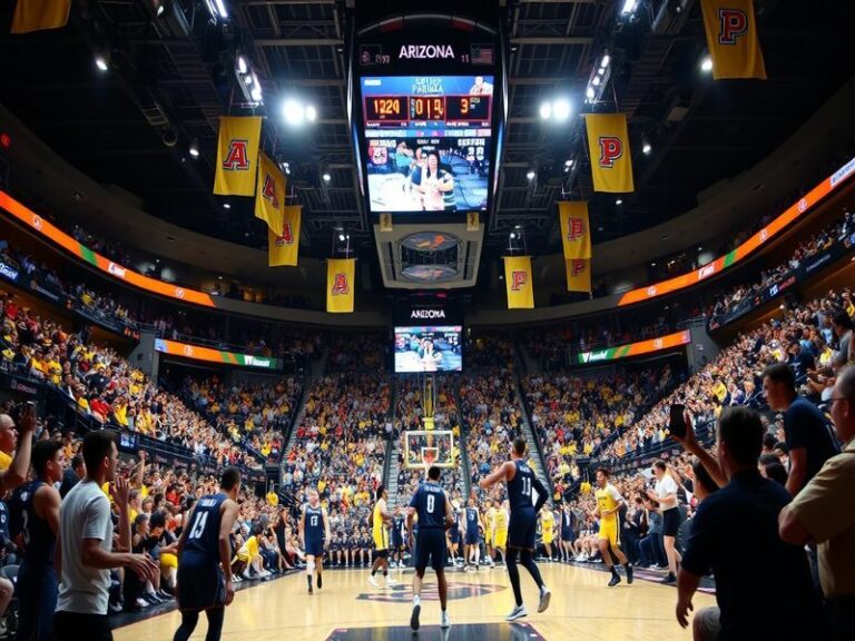 A vibrant image of a packed college basketball arena with fans wearing Arizona and Purdue colors, showcasing the energy and e