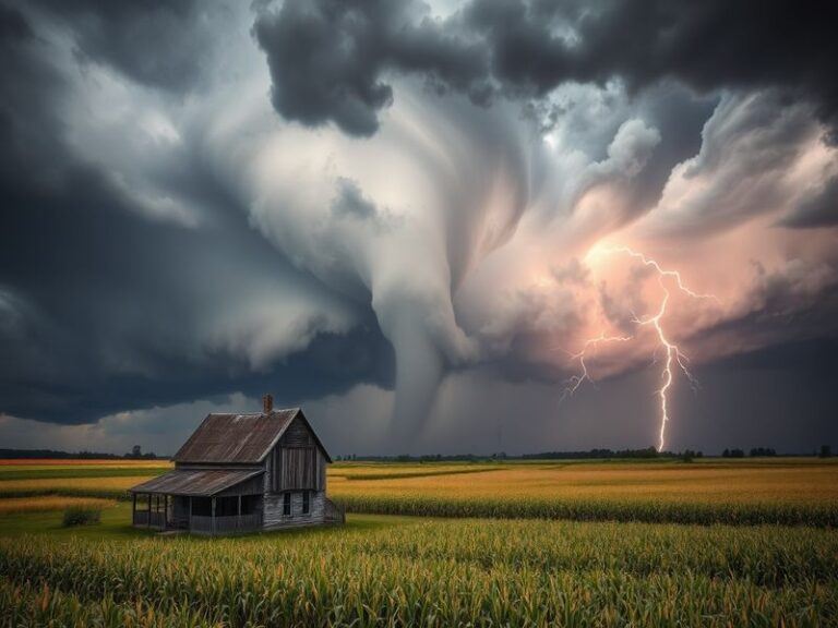 A dramatic image of a tornado forming over an Ohio landscape, showcasing dark storm clouds and a funnel descending towards th