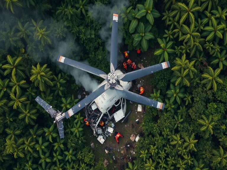 A somber view of Kauai's rugged landscape, with emergency responders at the crash site, showcasing the beauty and danger of t