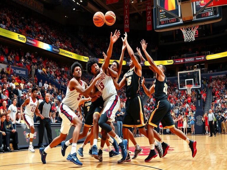 An action shot capturing the intensity of an Arizona vs Purdue basketball game, featuring players in motion, fans cheering, a