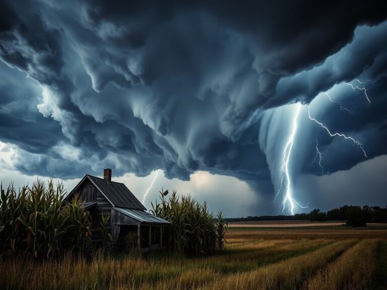A dramatic image showing a tornado forming in the Ohio countryside, with dark storm clouds and lightning illuminating the sky