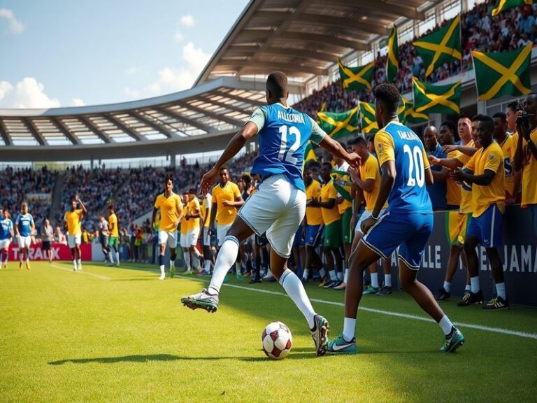 An action-packed football match between New Caledonia and Jamaica, featuring players in vibrant jerseys, a cheering crowd, an