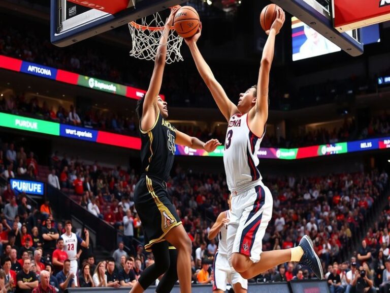 An action shot of Arizona and Purdue players competing on the basketball court, showcasing intense expressions and athleticis