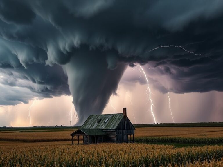 An image depicting a tornado touching down in a rural Ohio landscape, showcasing dark storm clouds and swirling debris.