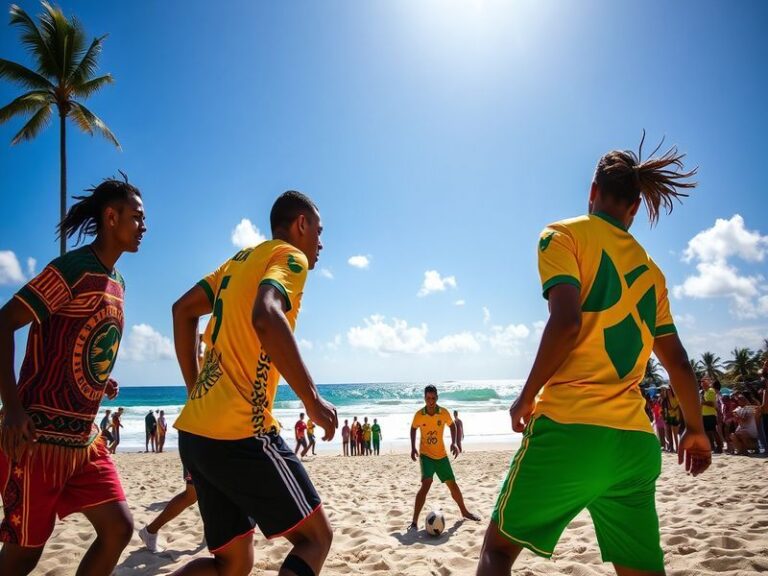 A vibrant collage showcasing New Caledonia's landscapes and Jamaican cultural elements, including reggae music and athletics.