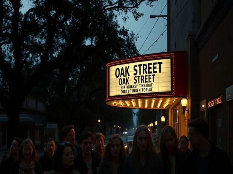 A moody, cinematic still from The End of Oak Street trailer: a sun-bleached coastal boardwalk with shuttered shops, a child’s