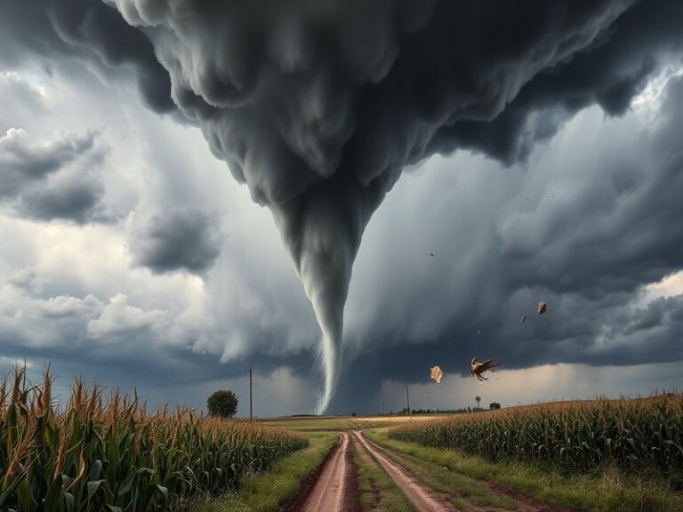 A dramatic image of a tornado touching down in an open field in Ohio, showcasing dark storm clouds and debris swirling in the