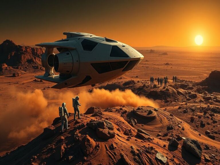 A wide-angle view of a rocket launch at dusk, with exhaust plumes glowing against a star-filled sky, capturing the power and