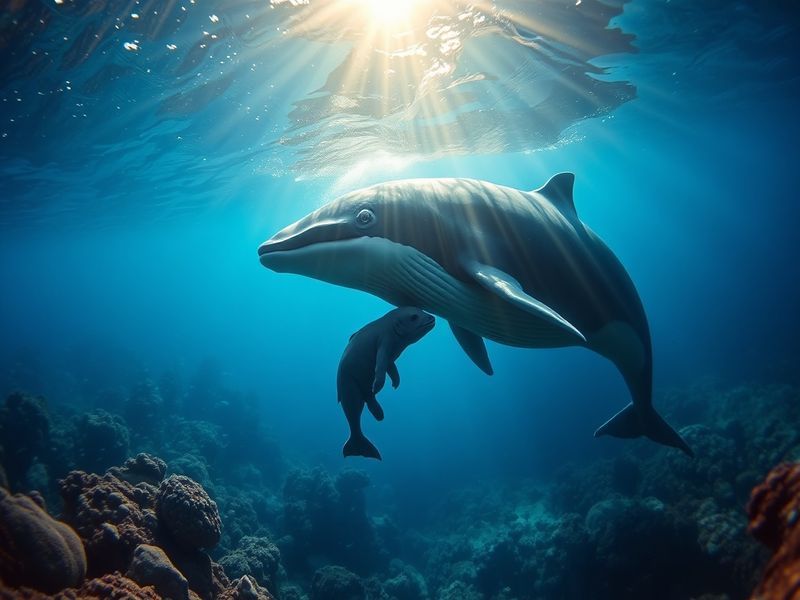 A serene underwater scene depicting a mother sperm whale with her calf, showcasing their bond in a calm ocean environment.