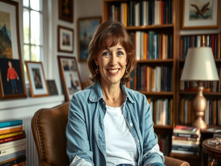 A portrait of Amanda Peet smiling, showcasing her warm personality, set against a soft-focus background of a film set.