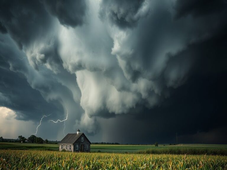 A dramatic image of a tornado touching down over a rural Ohio landscape, with dark storm clouds and lightning, illustrating t