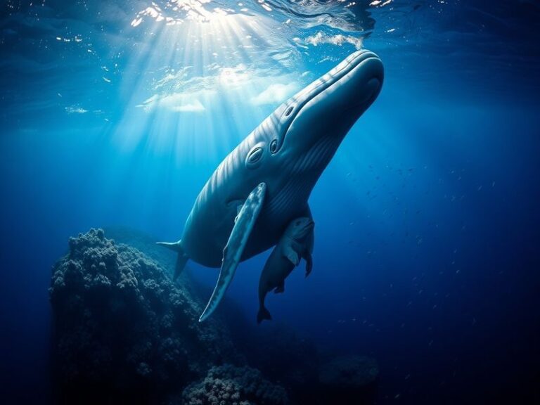 An underwater scene depicting a sperm whale mother and her calf, showcasing the nurturing bond between them in a serene ocean