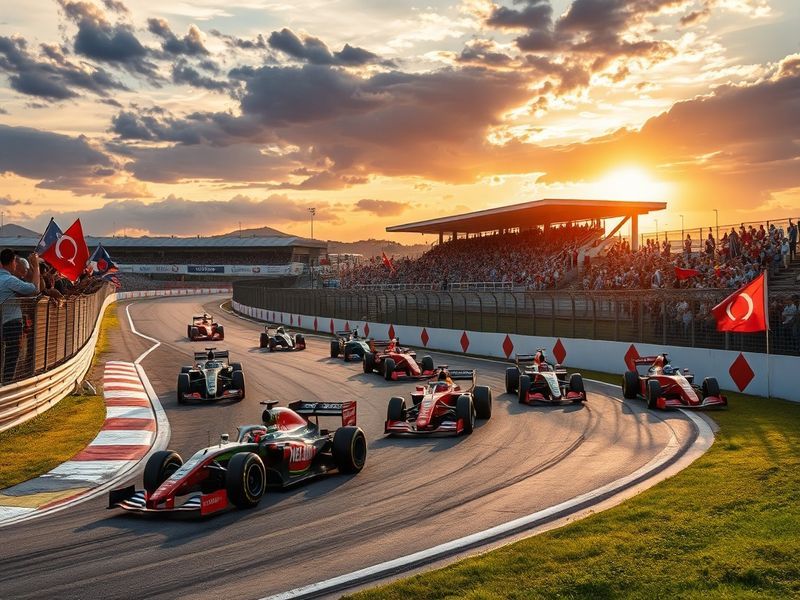 A vibrant image of the Suzuka Circuit during the Japanese Grand Prix, showcasing the racing action with fans cheering in the