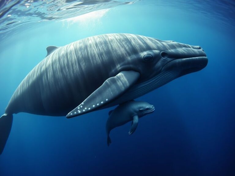 A serene underwater scene depicting a mother sperm whale with her newborn calf, surrounded by supportive female whales in a g