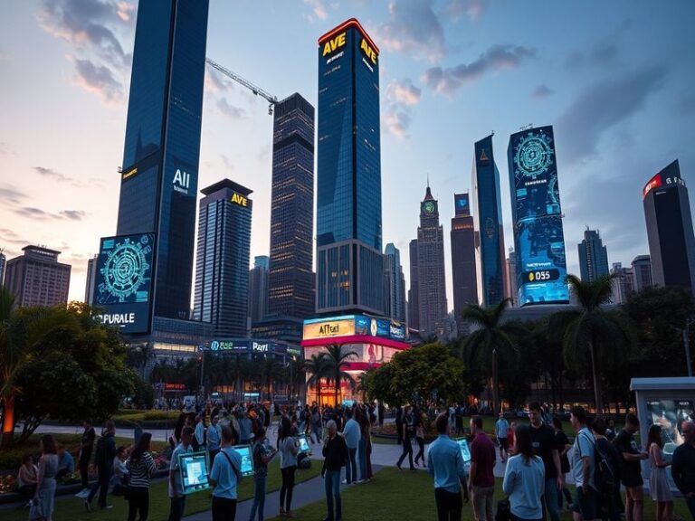 A futuristic image depicting AI technology, featuring a digital brain, robotic hands, and data streams, conveying innovation