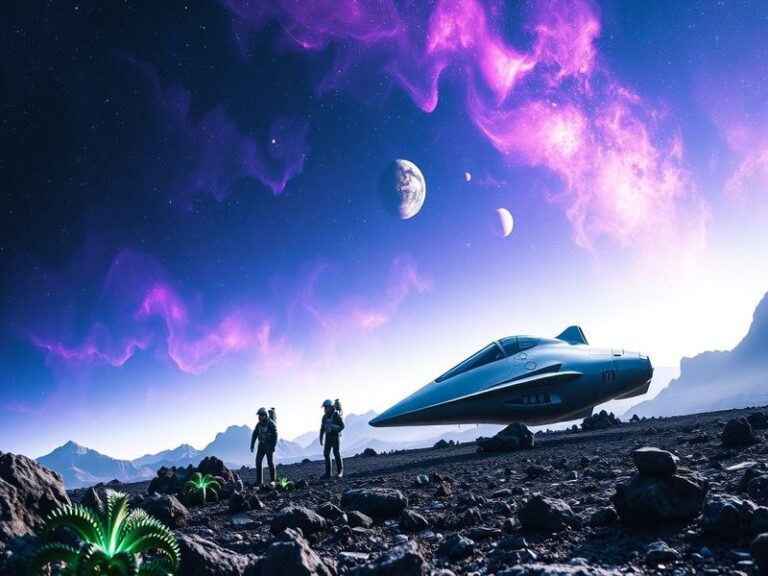 A composite image showing Earth rising over the lunar horizon with astronauts on the Moon's surface, a SpaceX Starship on Mar