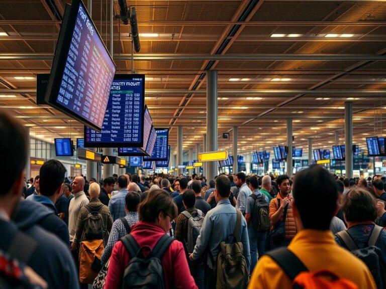 An airport scene showing passengers checking flight information on electronic boards, with a focus on the hustle and bustle o