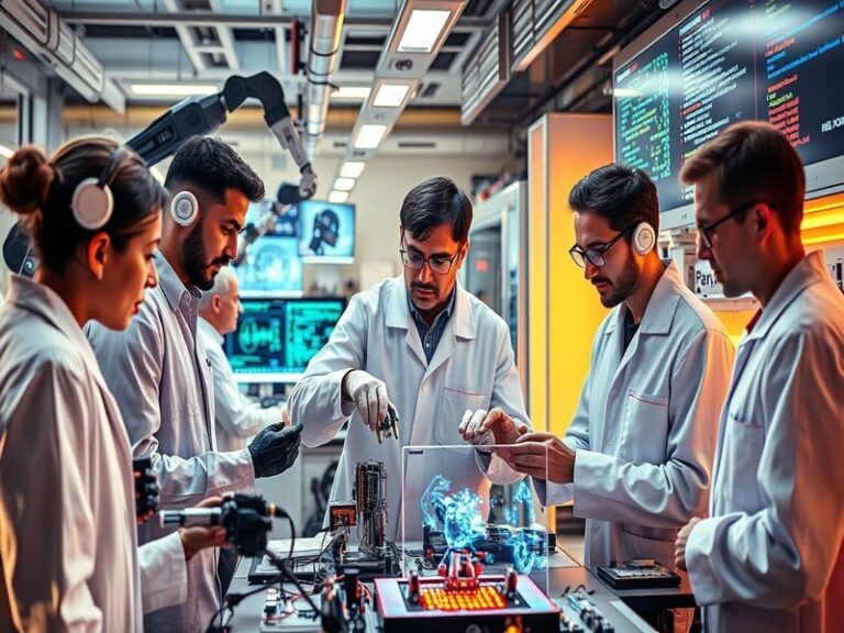 An illustration of AI technology, featuring a robot interacting with humans in a futuristic setting, symbolizing collaboratio