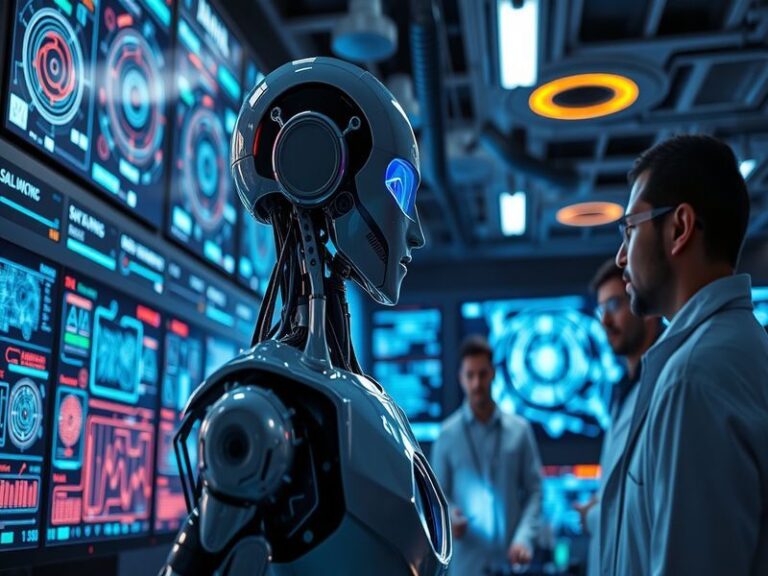 A futuristic representation of artificial intelligence, showcasing humanoid robots interacting with humans in a tech-savvy en