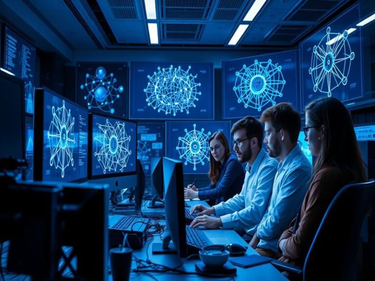 An illustration of a neural network with nodes and layers, showcasing data flow and connections, set against a modern tech ba