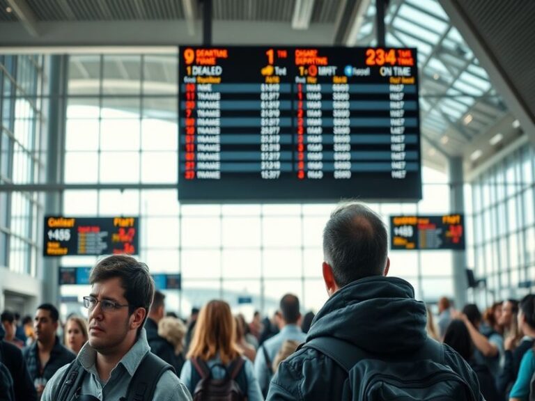 A sleek modern airport terminal with digital flight status boards displaying real-time updates, passengers checking their pho