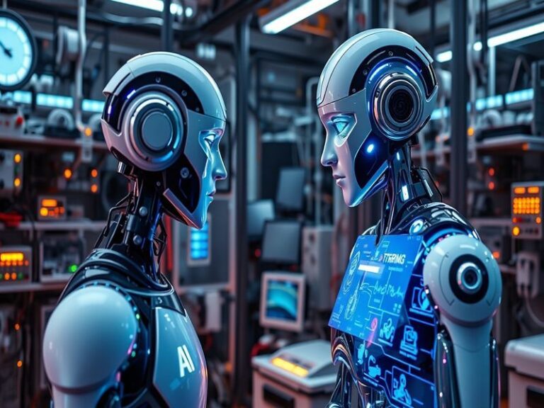 An illustration showing diverse people interacting with AI technology, featuring robots and digital interfaces in a modern se