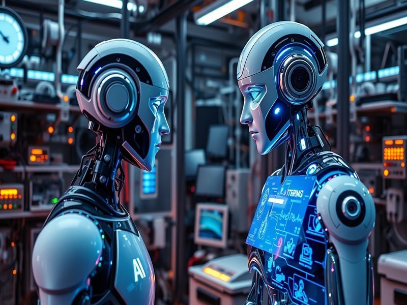 An illustration showing diverse people interacting with AI technology, featuring robots and digital interfaces in a modern se