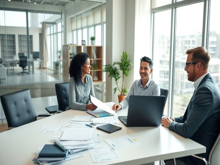 A professional mortgage officer in a modern office, reviewing documents with a client. The setting includes a desk with a com