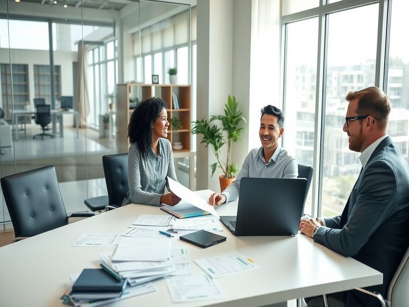 A professional mortgage officer in a modern office, reviewing documents with a client. The setting includes a desk with a com