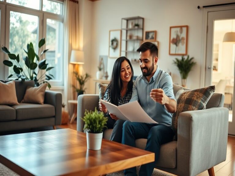 An inviting image of a family standing in front of their new home, showcasing a bright sunny day, with a 'Sold' sign in the y