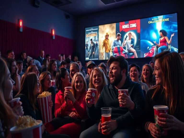 A film critic seated in a cozy theater, taking notes while watching a movie, with a large screen displaying a vibrant film sc