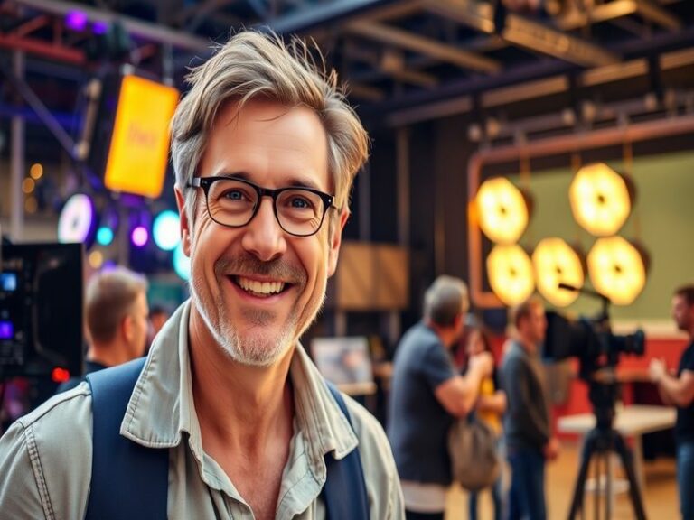A portrait of Phil Dunster, showcasing his charismatic smile, dressed in casual attire, set against a backdrop of a film set.