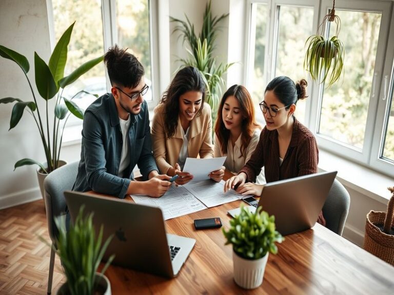 A modern kitchen scene with a laptop displaying mortgage rate charts, a coffee cup, and a house key on the counter under soft