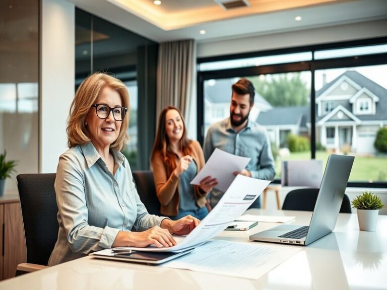 An engaging visual of a mortgage officer discussing loan options with a couple in a modern office setting, showcasing documen