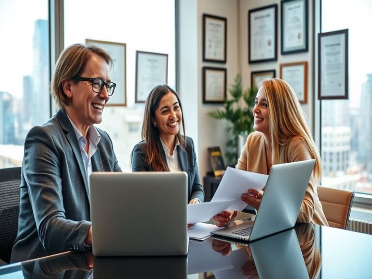 A professional mortgage officer in a home office setting, reviewing documents with a client over a video call. The scene incl