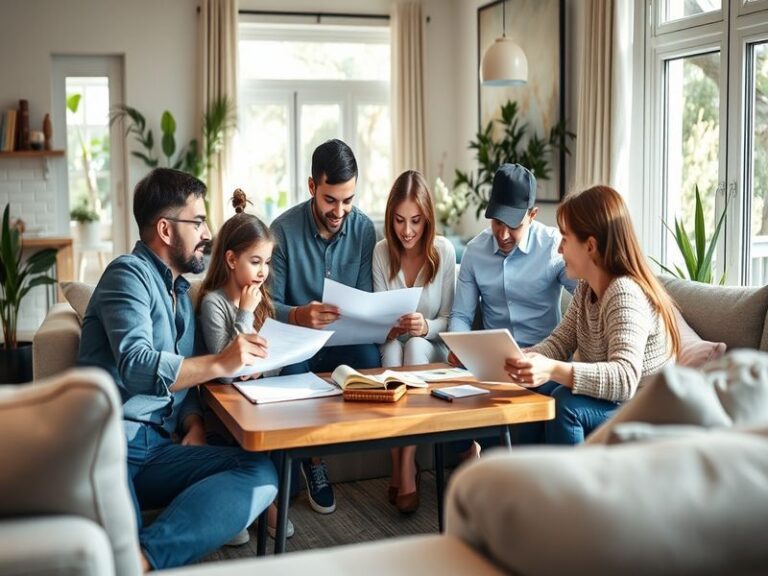 An inviting image of a family standing in front of their new home, with a 'Sold' sign in the yard, conveying happiness and ac